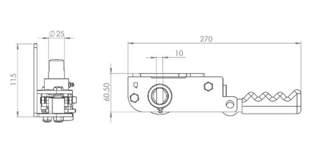 R55DB Ratchet Tensioner sketch, showing mechanical design with slimline lever and integrated handle catch, featuring a 25mm slotted spindle for commercial trailer use.