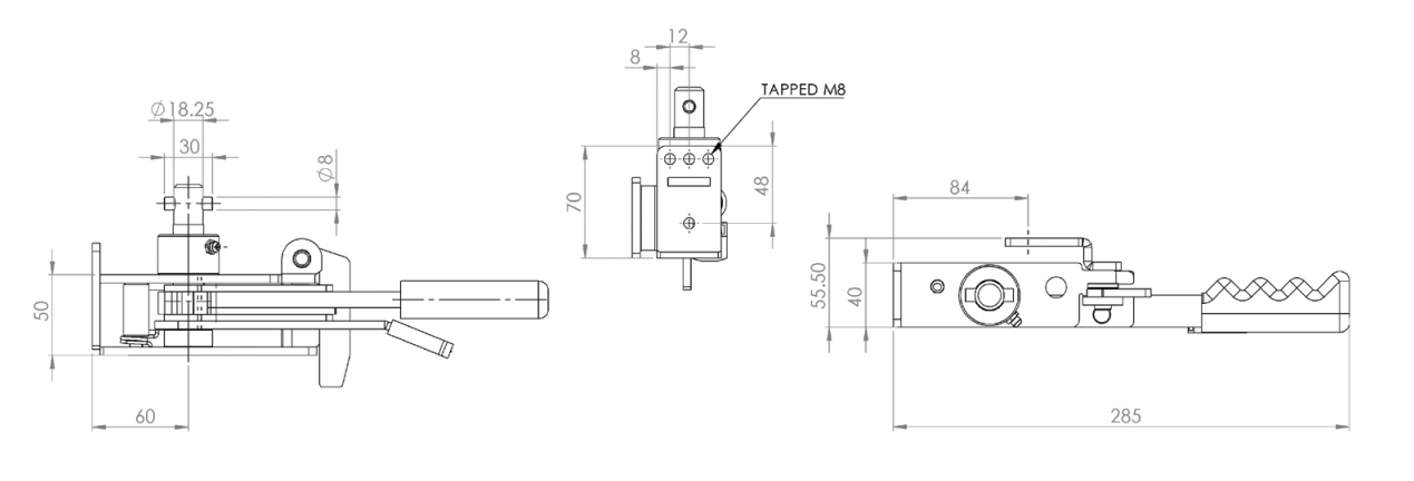 R100 Ratchet Tensioner technical drawing, showcasing mechanical details like spindle and pin placements, part of Nationwide Trailer Parts' high-quality trailer components.