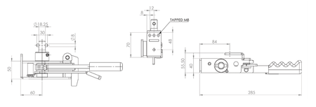 R100 Ratchet Tensioner technical drawing, showcasing mechanical details like spindle and pin placements, part of Nationwide Trailer Parts' high-quality trailer components.