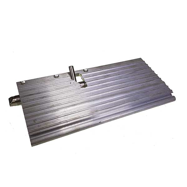 Pallet stop assembly right 225mm, featuring a central hole on a metal plate, designed for aluminium platforms in commercial trailers.