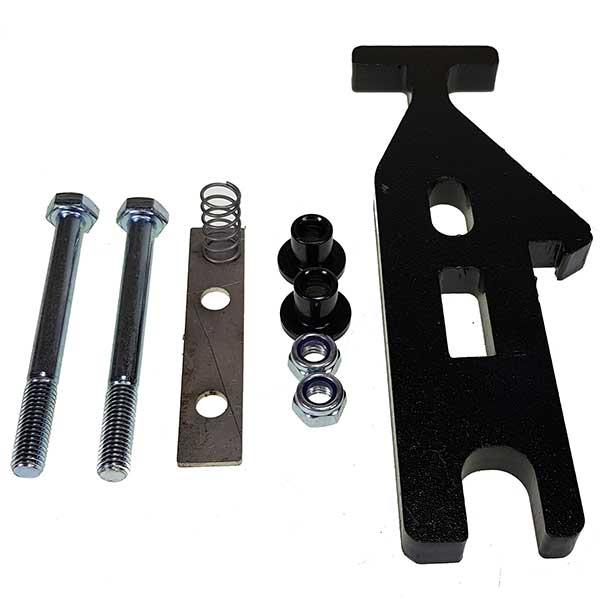 Lock safety gate 178mm, black metal object with bolts, screws, and round hole, designed for Dhollandia side gates. Suitable for commercial trailers and vehicles.