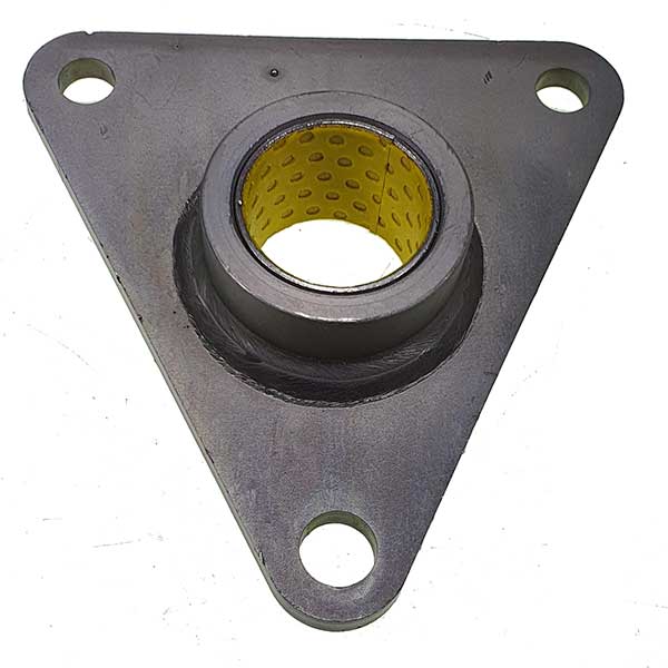 Bush Gear Wheel for Dhollandia slider lifts, featuring a metal triangular design with a yellow center and holes, essential for trailer lift mechanisms.