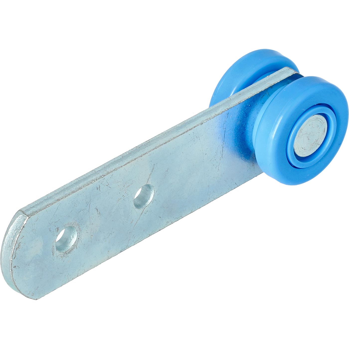 Curtain Roller mb530s featuring a blue wheel on a metal plate, designed with stainless steel balls and 'A' Grade engineering copolymer for commercial trailers.