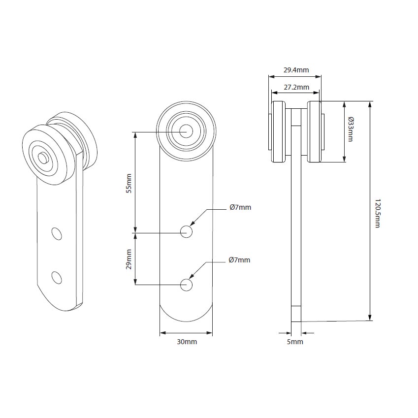 Curtain Roller with Stainless Steel Balls, detailed technical drawing, showcases engineering copolymer design, ideal for commercial trailer applications.