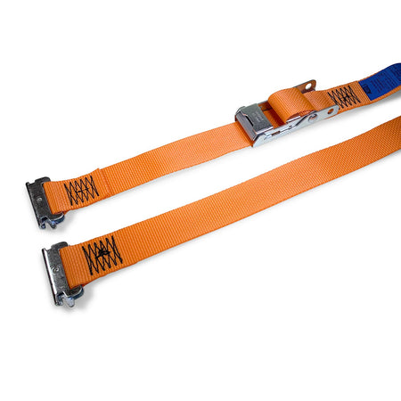 Box Van Strap with E-Track Fittings featuring an overcentre locking buckle and metal clasp, designed for secure load restraint on commercial trailers, 2000kg capacity.