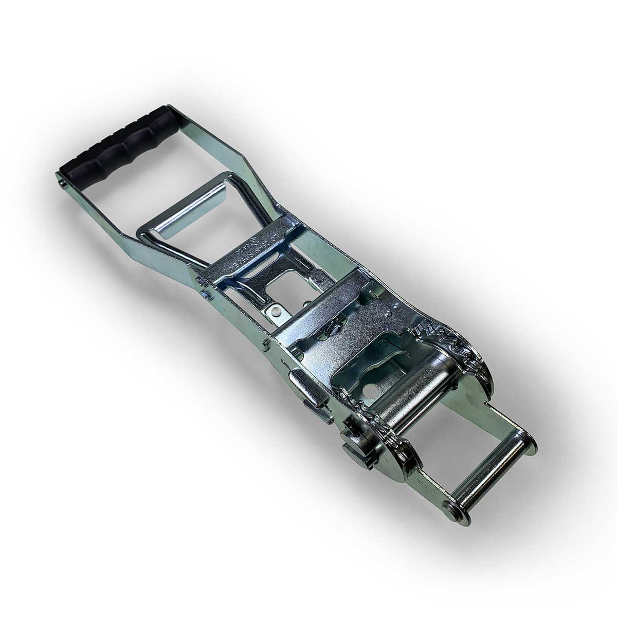 5000kg Ergo Ratchet Buckle with long pull-down handle, designed for efficient tensioning. Ideal for 50mm webbing, offering 5000 daN breaking force.