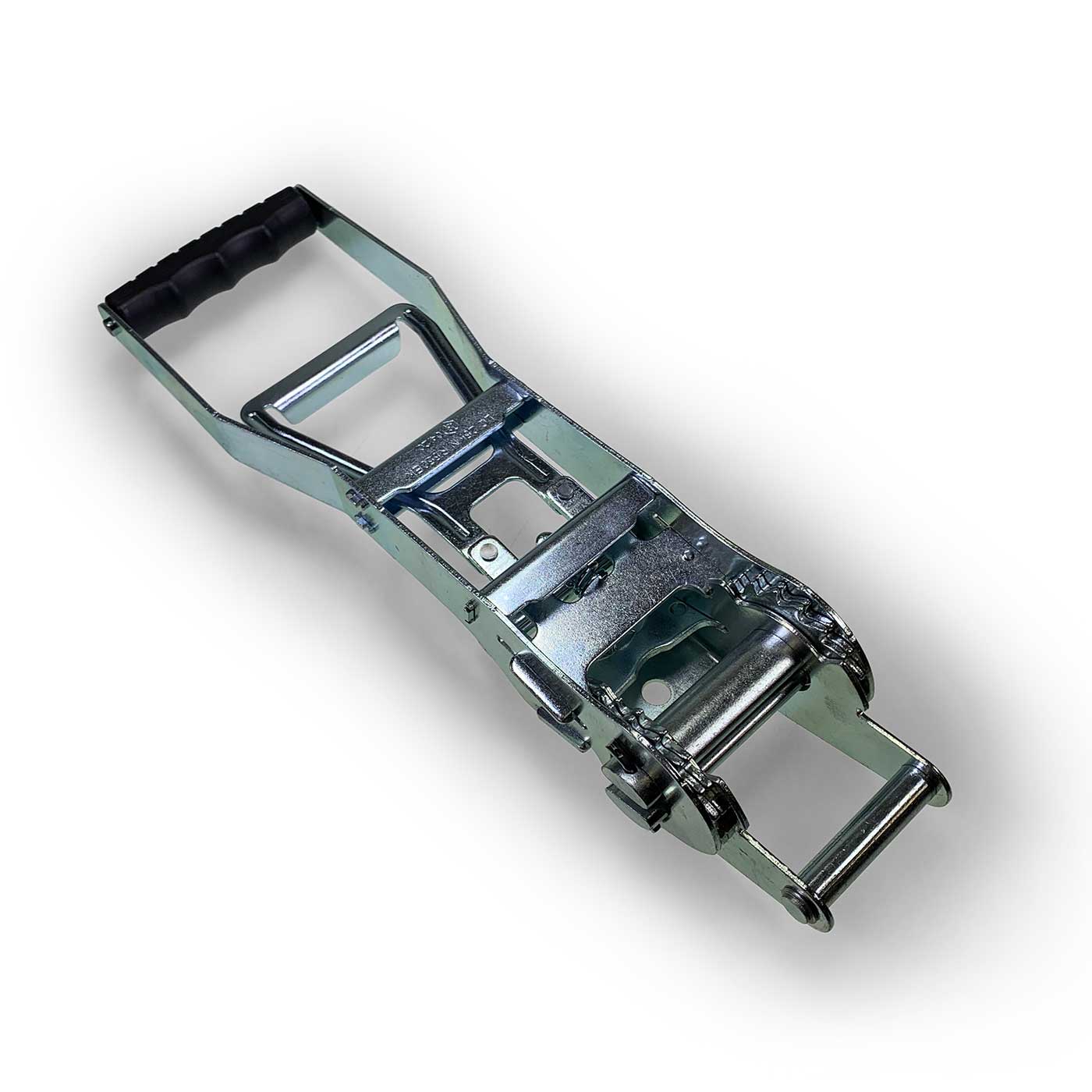 5000kg Ergo Ratchet Buckle with long pull-down handle, designed for efficient tensioning. Ideal for 50mm webbing, offering 5000 daN breaking force.