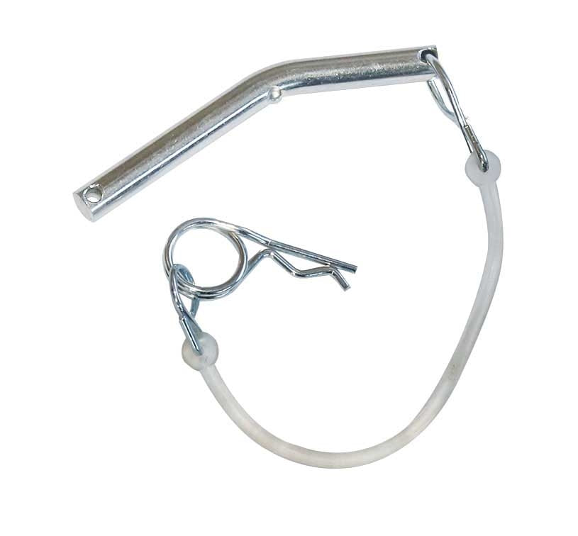 Sideguard Leg Pin & Wire Assembly featuring a metal bent arm with rubber ring, wire attachment, and plastic lanyard, ideal for commercial vehicle components.
