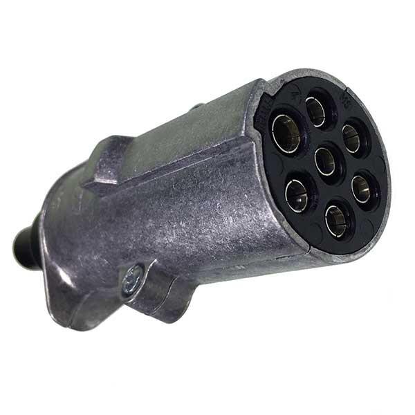 7 Pin Plug Female Pins featuring a silver round connector with black holes, designed for trailer parts. Ideal for secure electrical connections in commercial vehicles.