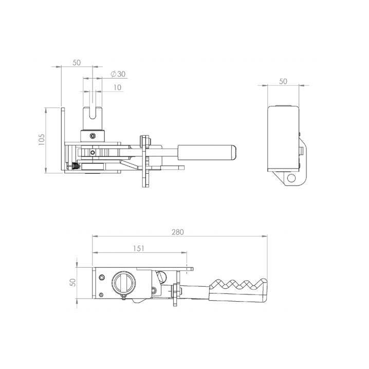R45L Ratchet Tensioner: technical drawing of a mechanical device with a 30mm spindle and 10mm slot, designed for S Cartwright & Son.