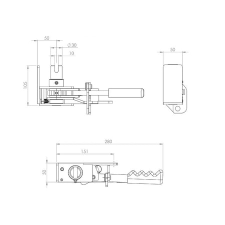 R45L Ratchet Tensioner: technical drawing of a mechanical device with a 30mm spindle and 10mm slot, designed for S Cartwright & Son.