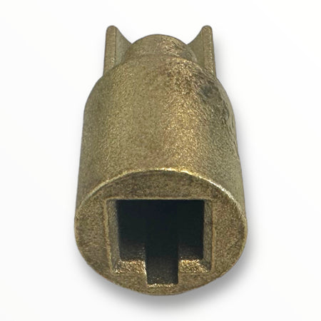 Brass Bottom Square Drive Adaptor for 27mm Curtain Poles, featuring a metallic finish and circular opening, ideal for commercial trailer curtains.