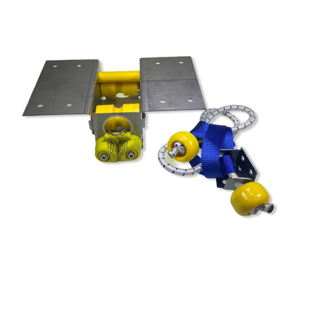 Micro Lift and Stow Device showcasing detailed components, including a blue strap, yellow plastic gear, and metal plates, designed for JR Industries Bulkheads.