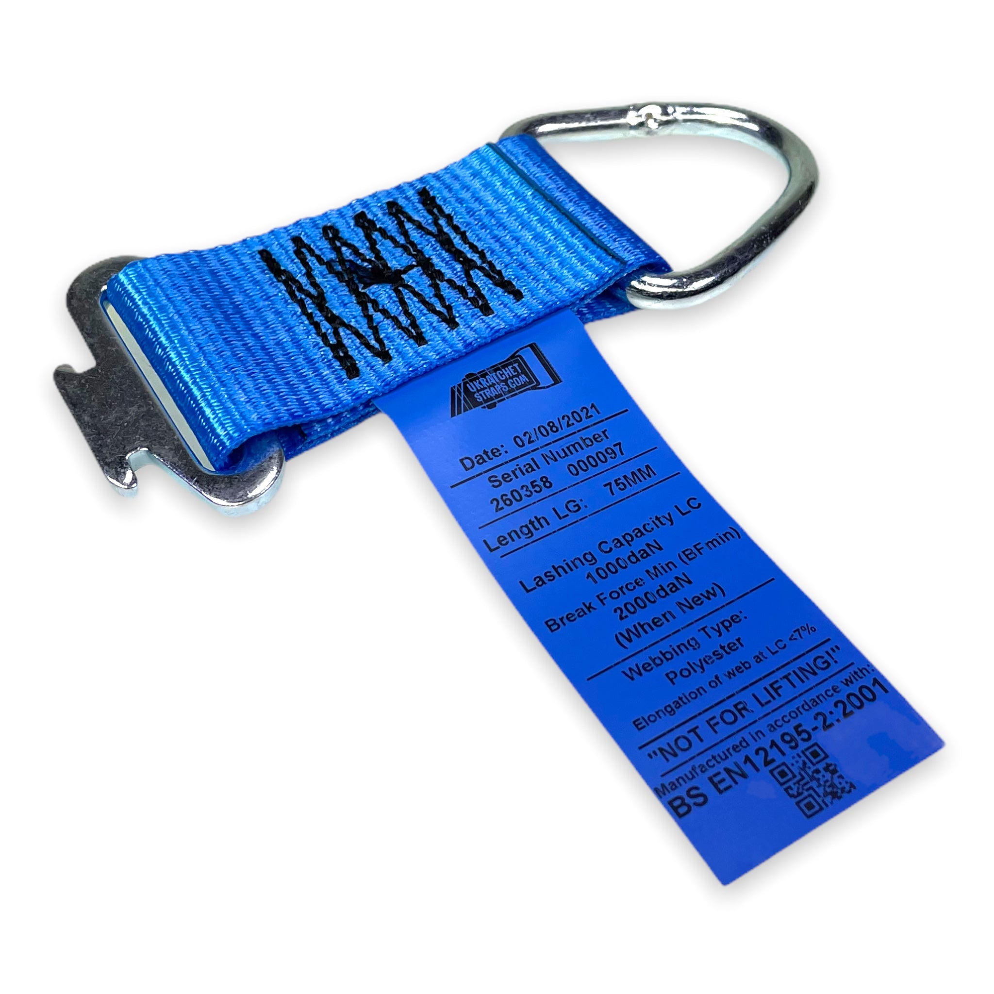Lashing Extension for 1806 Load Track featuring a blue strap with a metal hook, designed for secure load restraint in commercial vehicles.