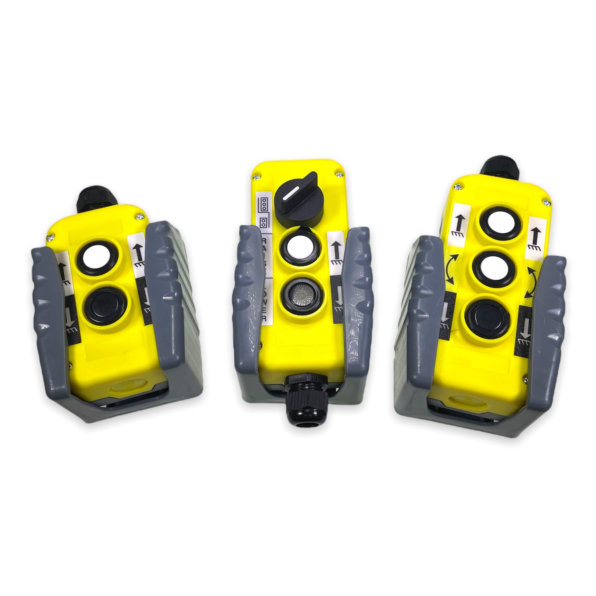 Mafelec Control Holder for 2-button control boxes, shown with multiple yellow and grey remote controls. Control handsets not included.