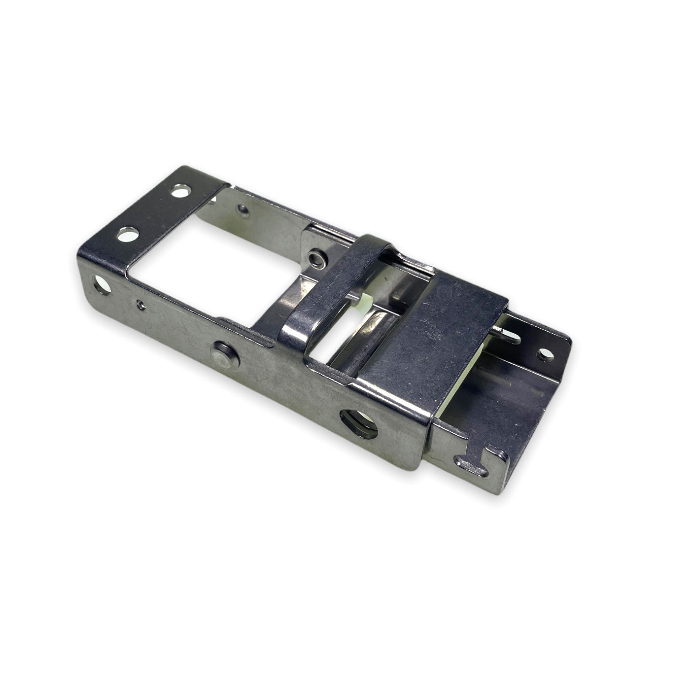 Montracon Locking Over Centre Buckle, a metal device with a frame and screws, designed for securing curtain side trailers. Ideal for commercial trailer load restraint.
