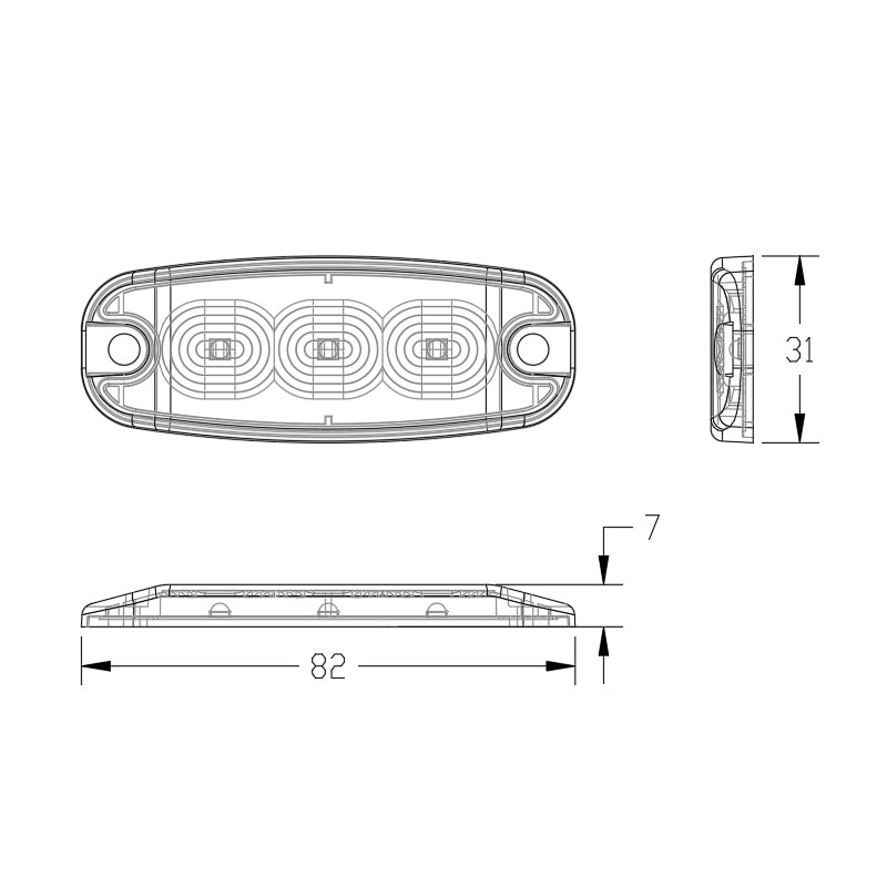 Ultra Thin Directional Strobe Warning Light, showcasing technical sketch; available in 3, 4, and 6 LED options, emphasizing high visibility and durability features.