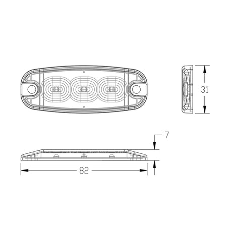 Ultra Thin Directional Strobe Warning Light, showcasing technical sketch; available in 3, 4, and 6 LED options, emphasizing high visibility and durability features.