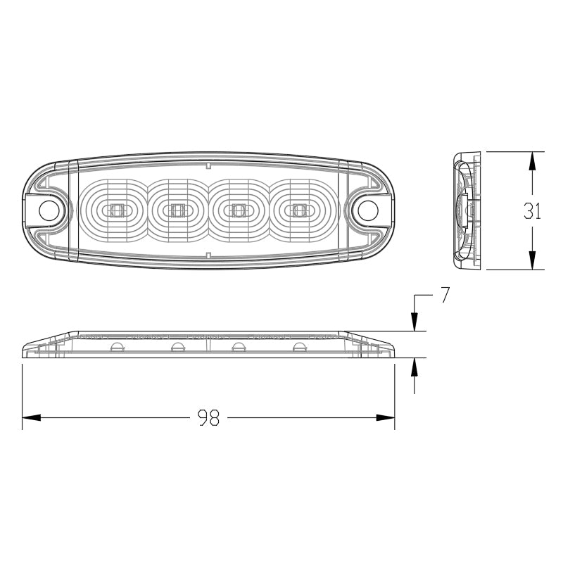 Ultra Thin Directional Strobe Warning Light, technical drawing showing dimensions and design, available in 3, 4, and 6 LED options, ideal for commercial vehicles.