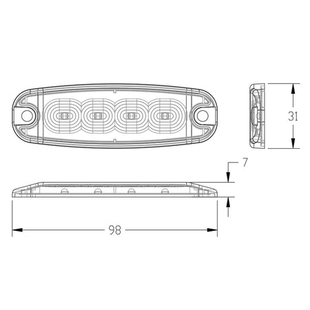 Ultra Thin Directional Strobe Warning Light, technical drawing showing dimensions and design, available in 3, 4, and 6 LED options, ideal for commercial vehicles.