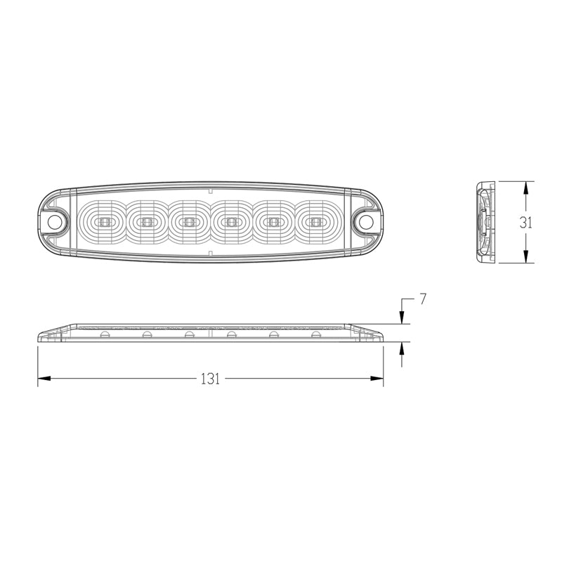 Ultra Thin Directional Strobe Warning Light illustration, showcasing its sleek design and compact dimensions for 3, 4, and 6 LED options.