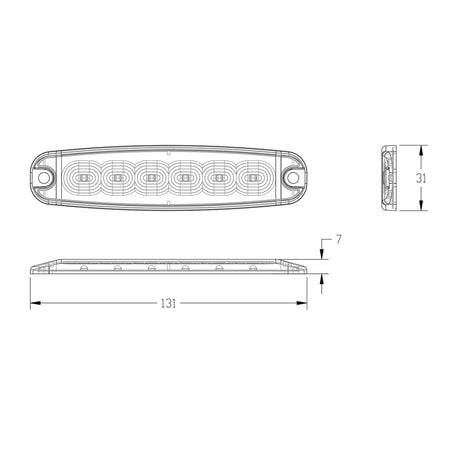 Ultra Thin Directional Strobe Warning Light illustration, showcasing its sleek design and compact dimensions for 3, 4, and 6 LED options.