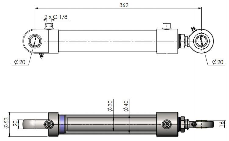 Folding Cylinder HACO designed for MBB tail lifts, compatible with MBB Palfinger parts 1408768. Illustrated sketch highlights dimensions and design features.