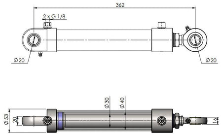 Folding Cylinder HACO designed for MBB tail lifts, compatible with MBB Palfinger parts 1408768. Illustrated sketch highlights dimensions and design features.