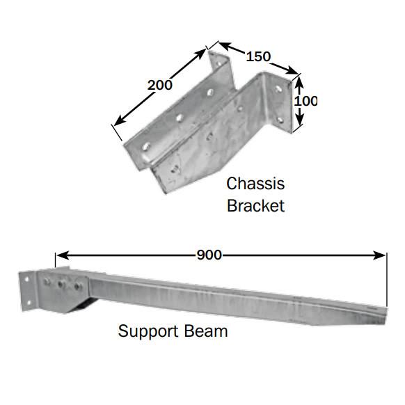 Chassis Mounted Sideguard Support Beam sketch showing metal bracket with measurements, part of a robust, corrosion-resistant design for commercial vehicle chassis customization.