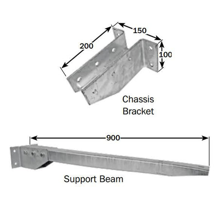 Chassis Mounted Sideguard Support Beam sketch showing metal bracket with measurements, part of a robust, corrosion-resistant design for commercial vehicle chassis customization.