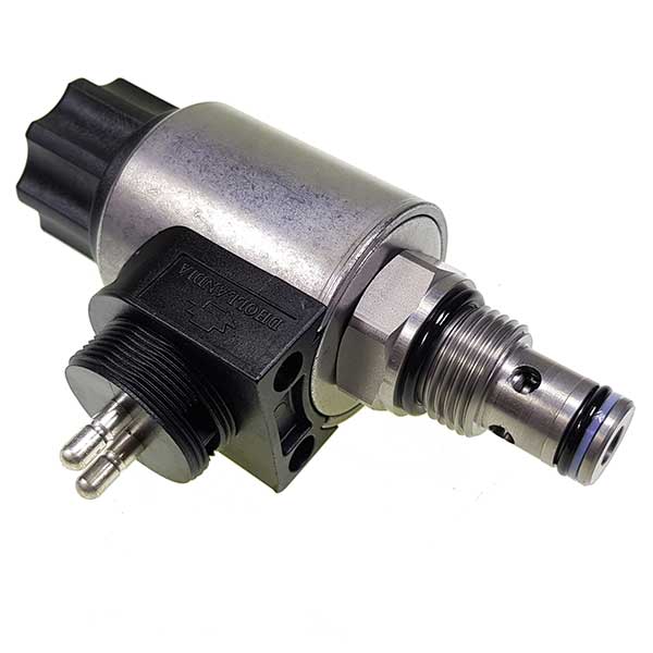 Close-up of Safety valve SA 24V - HYDAC, featuring a mechanical device with an 18mm thread, essential for commercial trailer parts.
