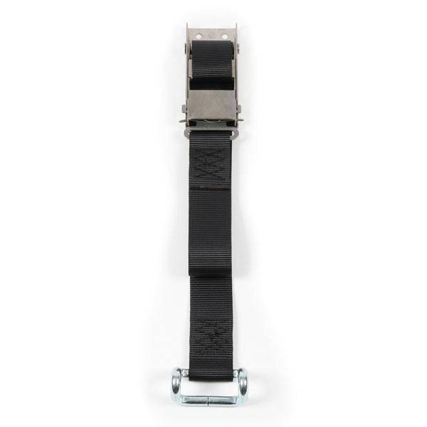 Stainless Steel Locking Overcentre Buckle Assembly with Black Strap, featuring a durable metal bolt and robust strap, ideal for secure load restraint in commercial trailers.