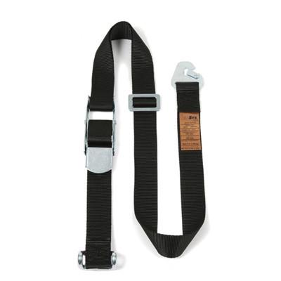 Internal Cargo Straps Snaphook & Rave Hook - 6.4 Metres, featuring a black strap with zinc-plated overcentre buckle and carbon steel adjuster, ideal for double deck trailers.