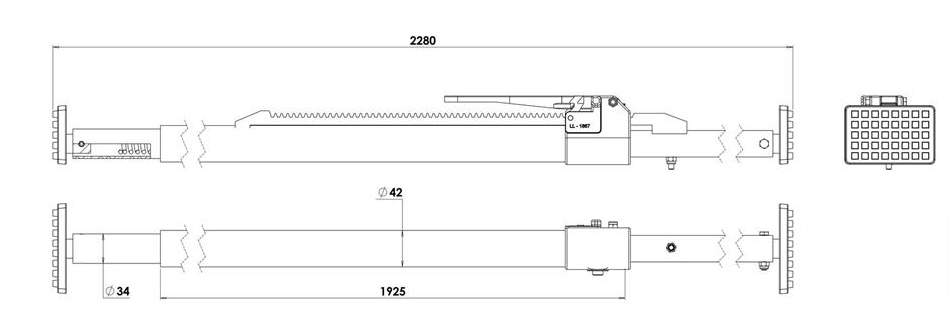 Diagram of Cargo Stay (2256mm to 2620mm) showing rack and pinion tension system and rubber feet, designed for load restraint in commercial vehicles.