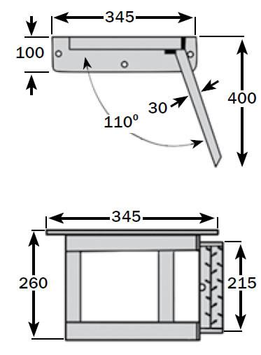 Diagram of Tail Lift Tuck-Away Access Step, single rung, bolts onto tail lift, galvanised to ISO 1461, size L400 x W215mm.