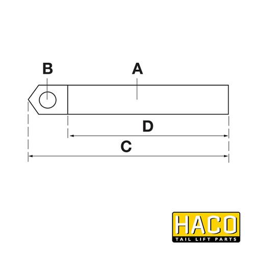 Piston Rod HACO for MBB tail lifts, part 1403799, featuring a technical drawing of its dimensions and design specifications for commercial trailer applications.
