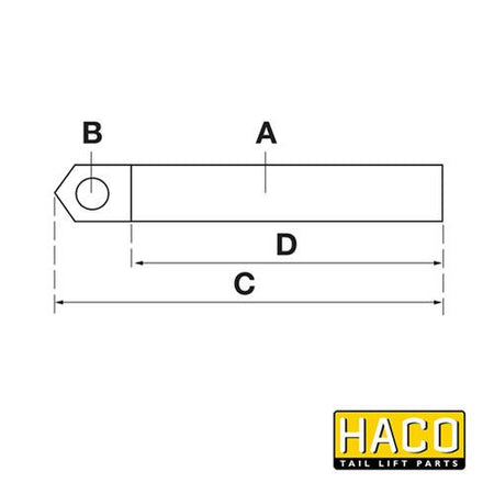 Piston Rod HACO for MBB tail lifts, part 1403799, featuring a technical drawing of its dimensions and design specifications for commercial trailer applications.