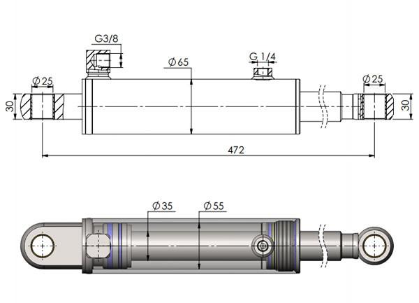 Liftcylinder HACO ZNU-75-110 technical drawing, designed to fit Zepro tail lifts, showcasing cylinder dimensions and connections.