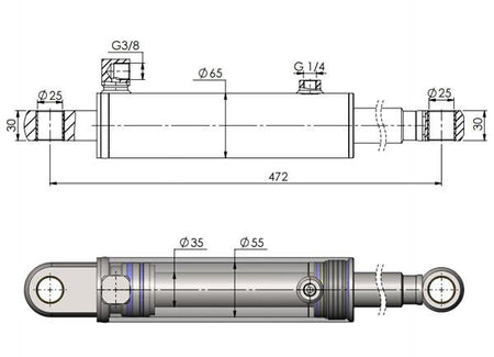 Liftcylinder HACO ZNU-75-110 technical drawing, designed to fit Zepro tail lifts, showcasing cylinder dimensions and connections.