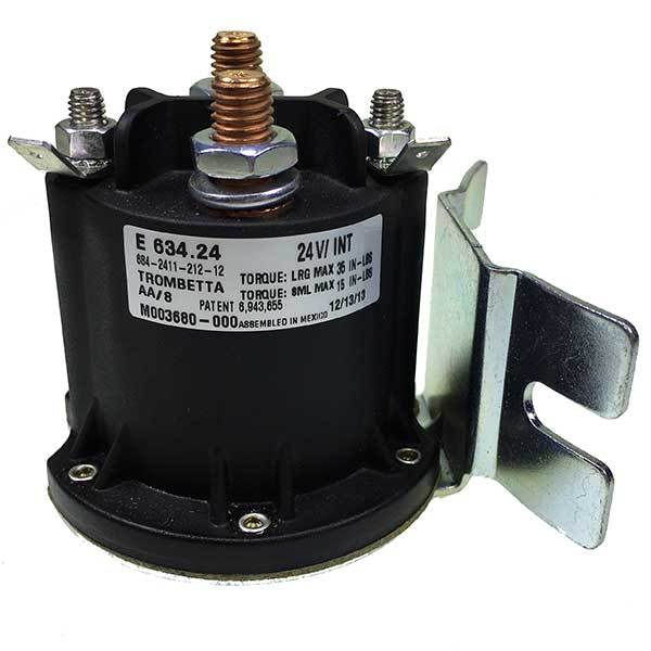 Starting Relay 150A 24V, a black electrical device with visible metal screws and a white label, designed for Dhollandia tail lifts.