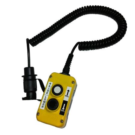 Two Button Control Wanderlead with coiled cord and plug, designed for Ross & Bonnyman tail lifts, featuring dual-button operation for efficient trailer management.