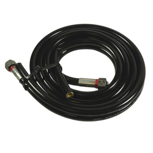 HP Double Hose DHV 2450mm with metal handle, designed for Dhollandia tail lifts, featuring connectors at both ends. Ideal for commercial trailer maintenance.