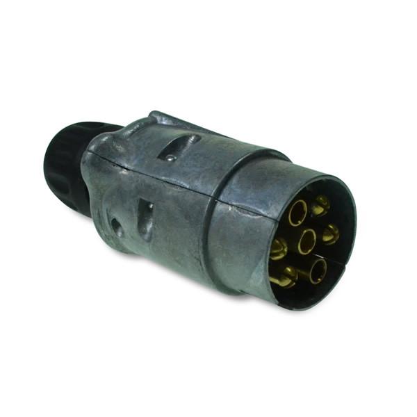 Close-up of the Wander Lead Metal 7-pin Plug (Male), highlighting its detailed design, ideal for commercial trailer connections from Nationwide Trailer Parts Ltd.