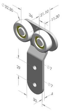 Montracon Type Roller illustration showing metal structure with stainless steel balls, designed for curtain rollers, highlighting engineering-grade copolymer construction.