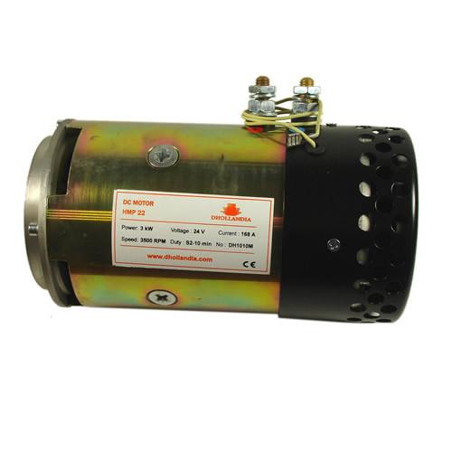 Motor 24V 3KW Air Cooled with white label, suitable for Dhollandia tail lifts, showcasing fine metal details and compact design.
