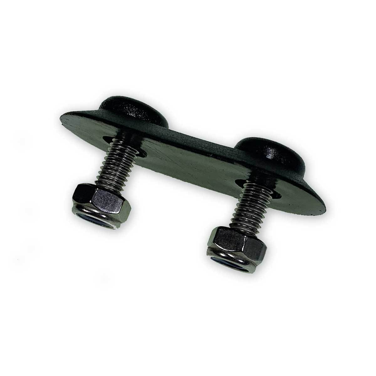 Plastic Back Plate for securing buckles to curtains, featuring screws and bolts; includes 28mm spacing and 14mm stud length with two nyloc nuts.