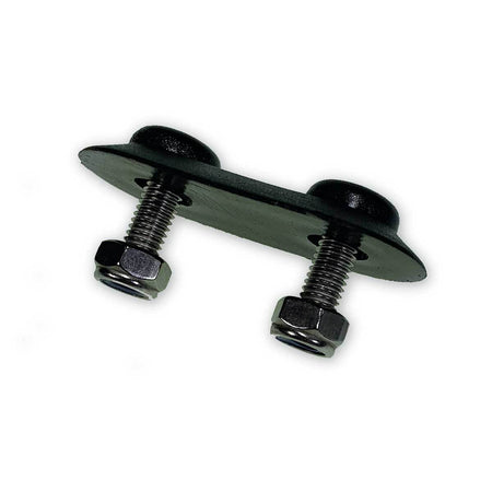 Plastic Back Plate for securing buckles to curtains, featuring screws and bolts; includes 28mm spacing and 14mm stud length with two nyloc nuts.