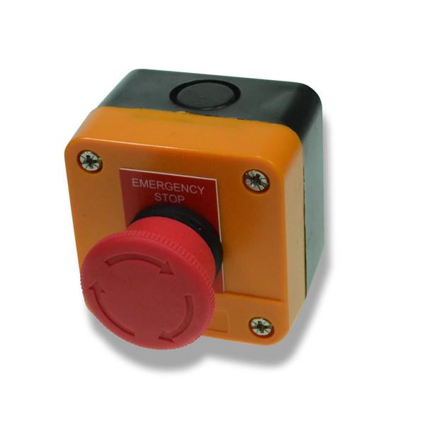 Close-up of the Emergency Stop Button Control with twist-to-release feature, essential for safety in commercial trailers and vehicles from Nationwide Trailer Parts Ltd.