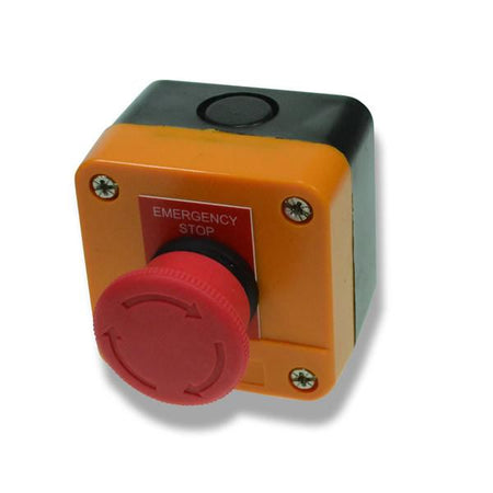 Close-up of the Emergency Stop Button Control with twist-to-release feature, essential for safety in commercial trailers and vehicles from Nationwide Trailer Parts Ltd.