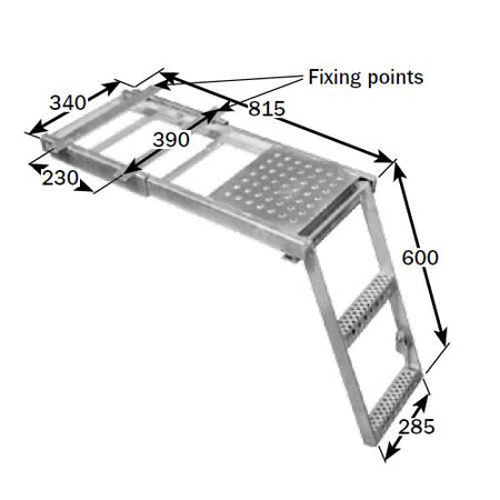 Underbody Access Step with Platform, 2-Rung, galvanized steel, featuring measurements and design sketch, ideal for heavy-duty trailer use.